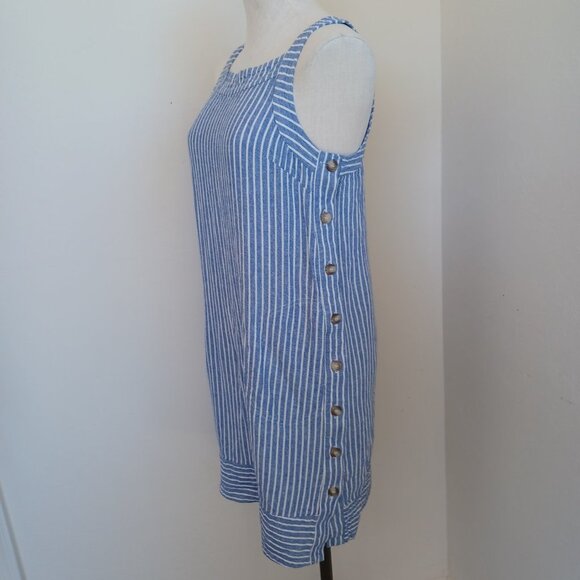 For Cynthia Dress Linen Blend Blue White Striped Pullover Side Button Detail Med - Picture 11 of 14